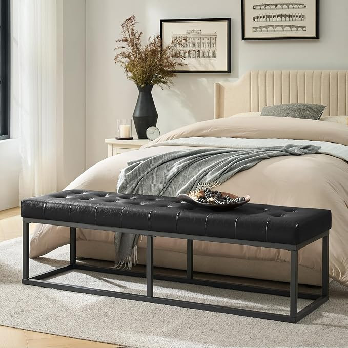 HULALA HOME Faux Leather Bench with Metal Base, Upholstered Bedroom Bench for End of Bed, Button-... | Amazon (US)