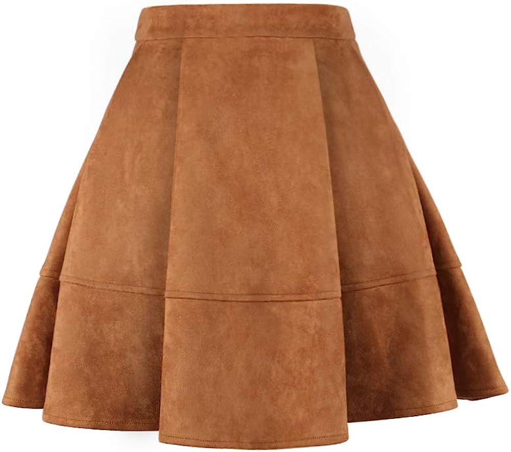 EXLURA Womens Faux Suede High Waist Pleated Short Skirt Elastic Button Front Skater Mini Skirt | Amazon (US)