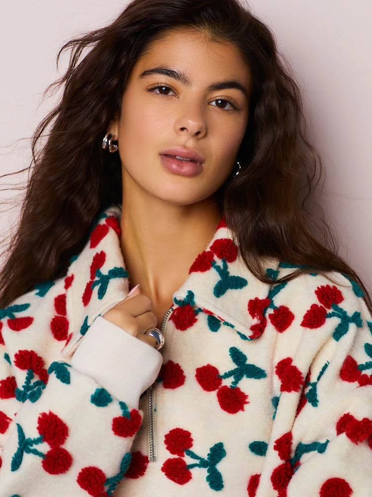 Red Ecru White Borg Cherry Graphic Zip Neck Fleece | Next EU