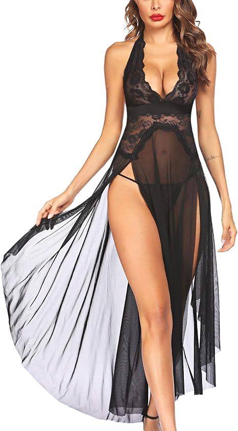 Avidlove Women Lingerie Deep V Neck Nightwear One Piece Sexy Nightgowns Mosaic Lace Mesh Dress | Amazon (US)