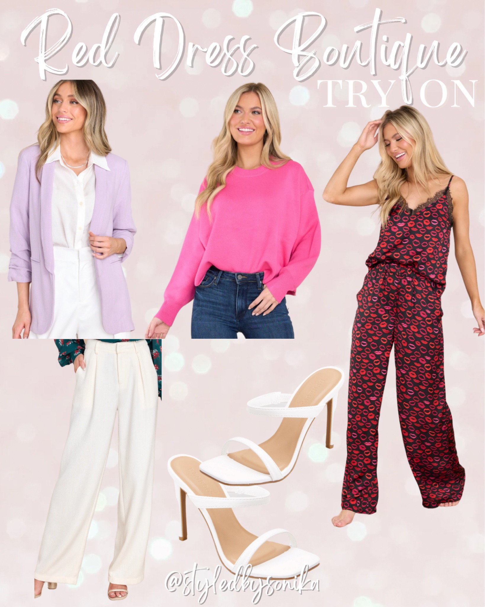Valentines try on with red dress boutique 
Vday pjs pajamas 
Pink sweater
Lilac purple blazer
White sandals 
White pants 

#LTKunder50 #LTKunder100 #LTKstyletip