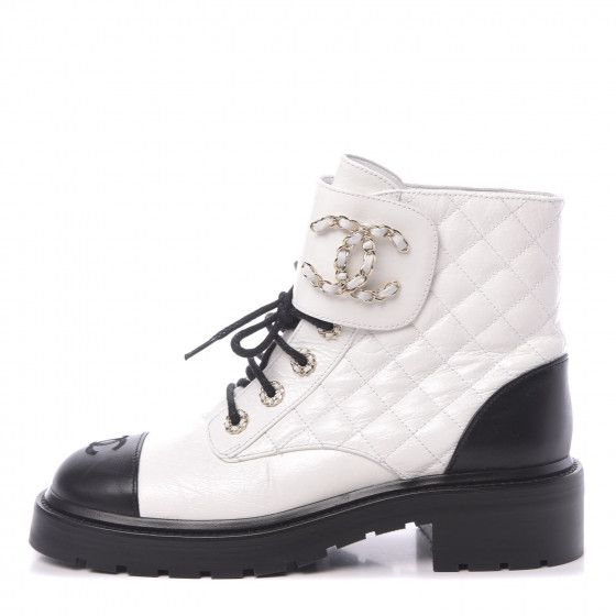 CHANEL

 Shiny Goatskin Calfskin Quilted Lace Up Combat Boots 38.5 White Black | Fashionphile