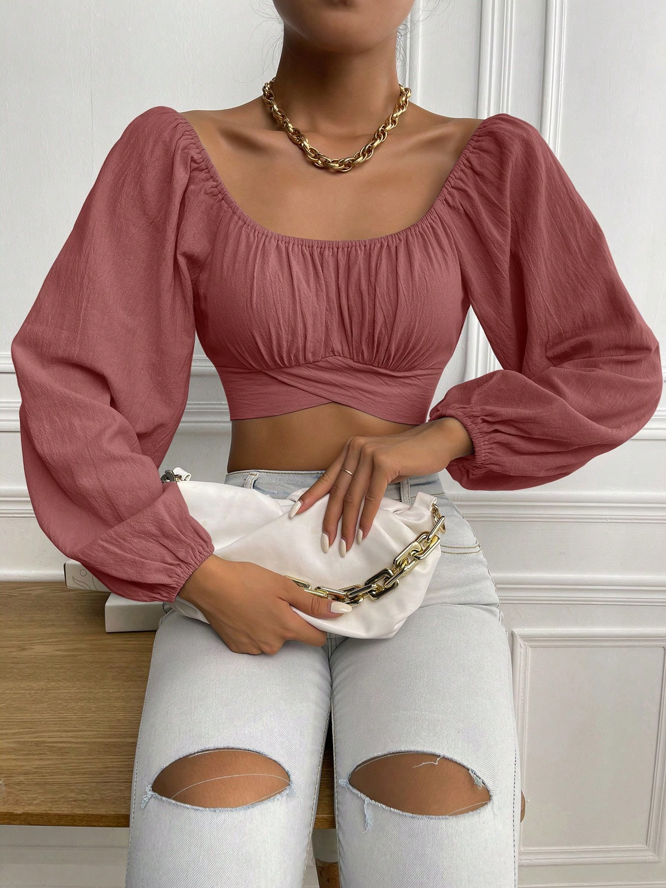 SHEIN Privé Ruched Bust Lantern Sleeve Crop Blouse | SHEIN