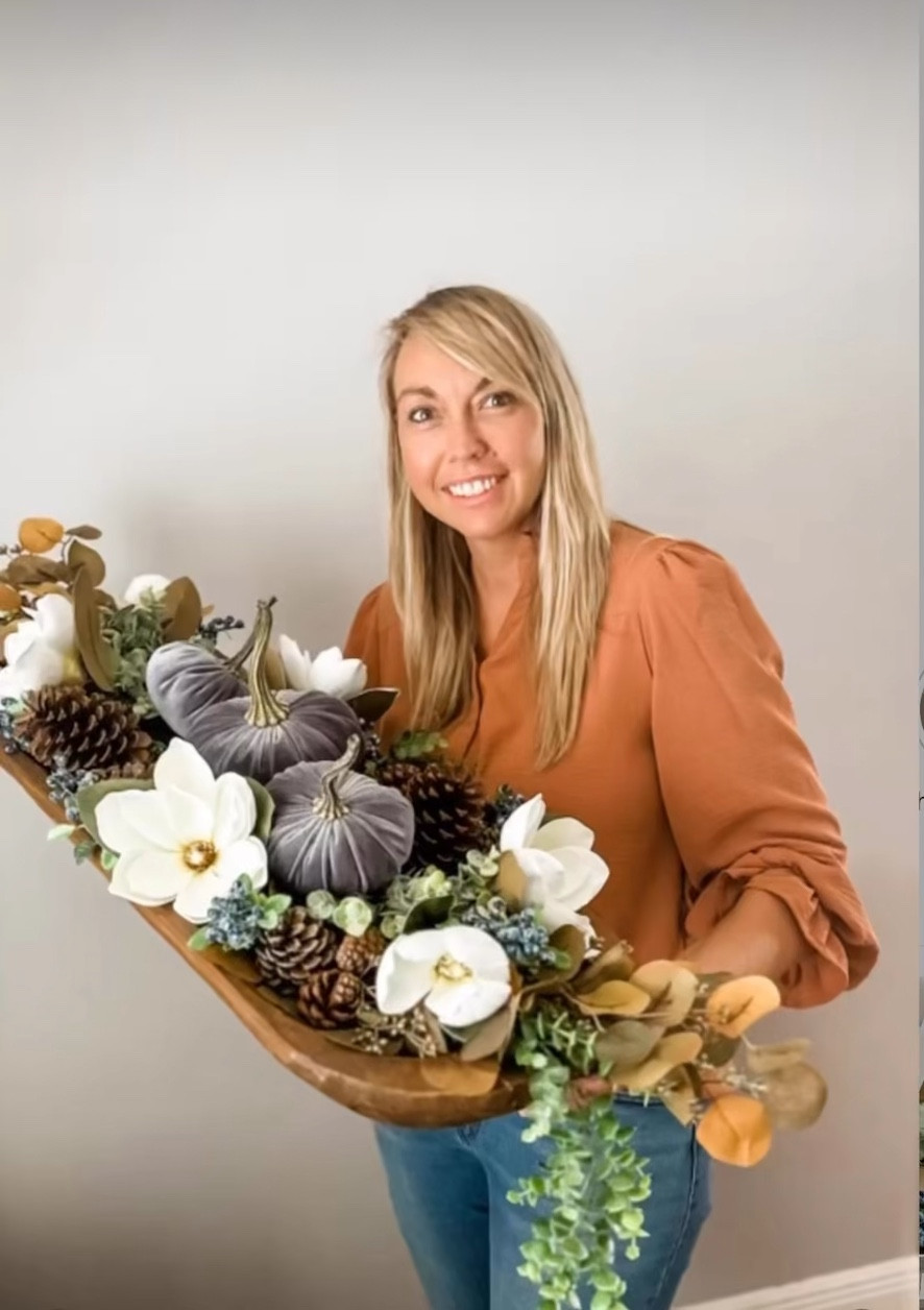 Create this Magnolia & Pumpkin Centerpiece just in time to Deck the table for Fall! #falldecor #florals #centerpiece #fallcenterpiece #deckthetable #diy #doughbowl #pumpkins #magnolia 

#LTKHoliday #LTKSeasonal #LTKhome