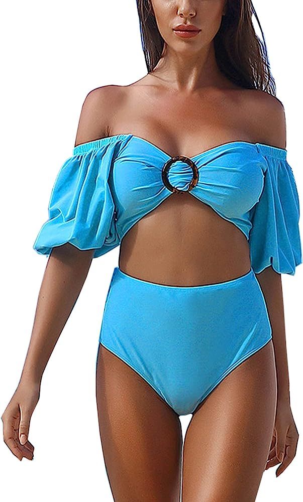 Women's Off Shoulder Two Piece Swimsuit Bow Knot High Waist Swimwear Bandeau Bikini Sets | Amazon (US)