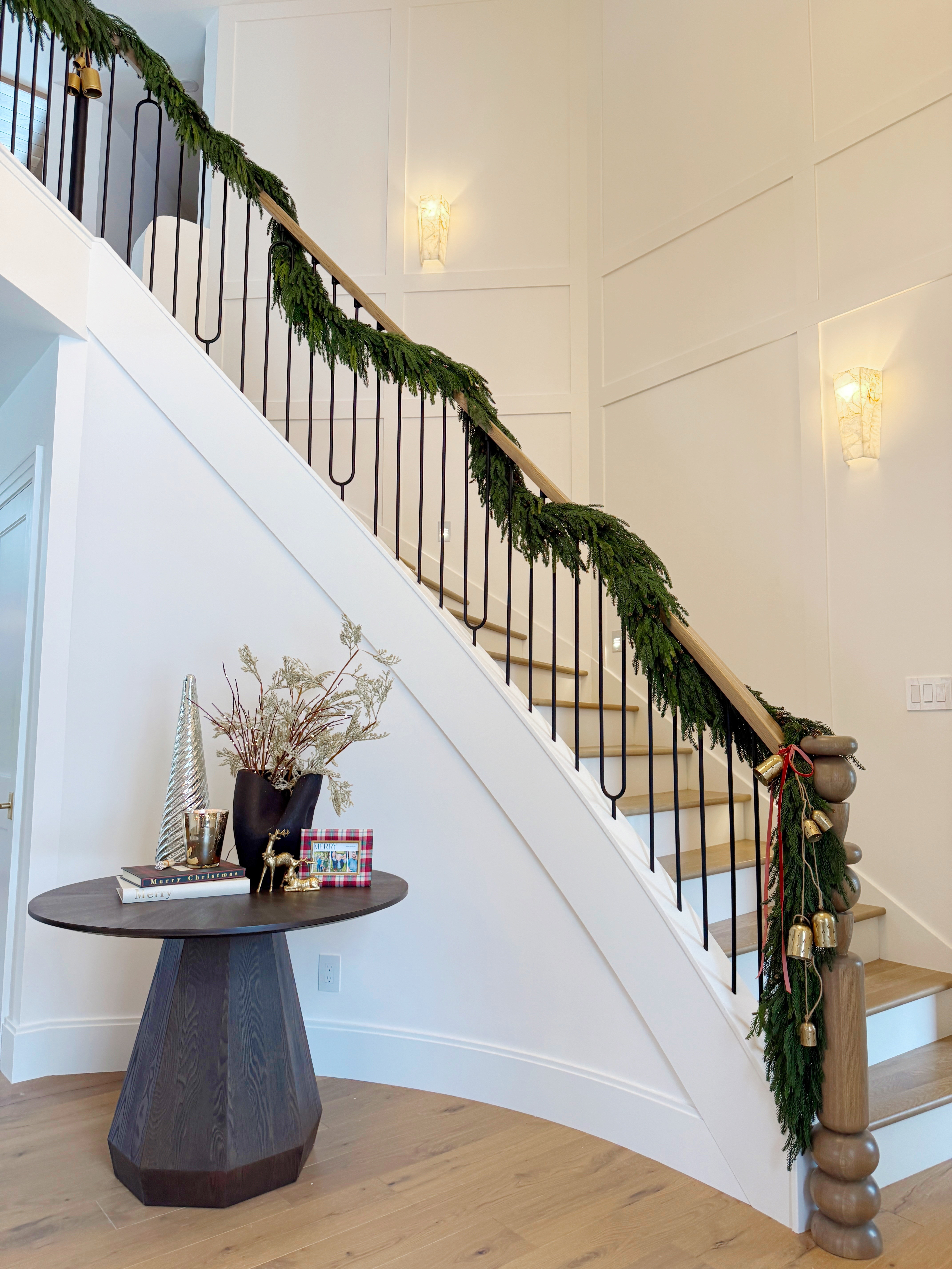 Foyer and staircase holiday decor #holidaydecor #holiday #wreath #garland #roundtable  

 #LTKHoliday #LTKSeasonal #LTKHome