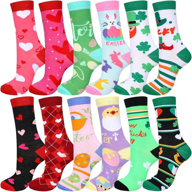 Women's Holiday Socks, 12 Pairs - Valentine's Day, Easter, St. Patricks Day - Crew Length, Cotton... | Amazon (US)