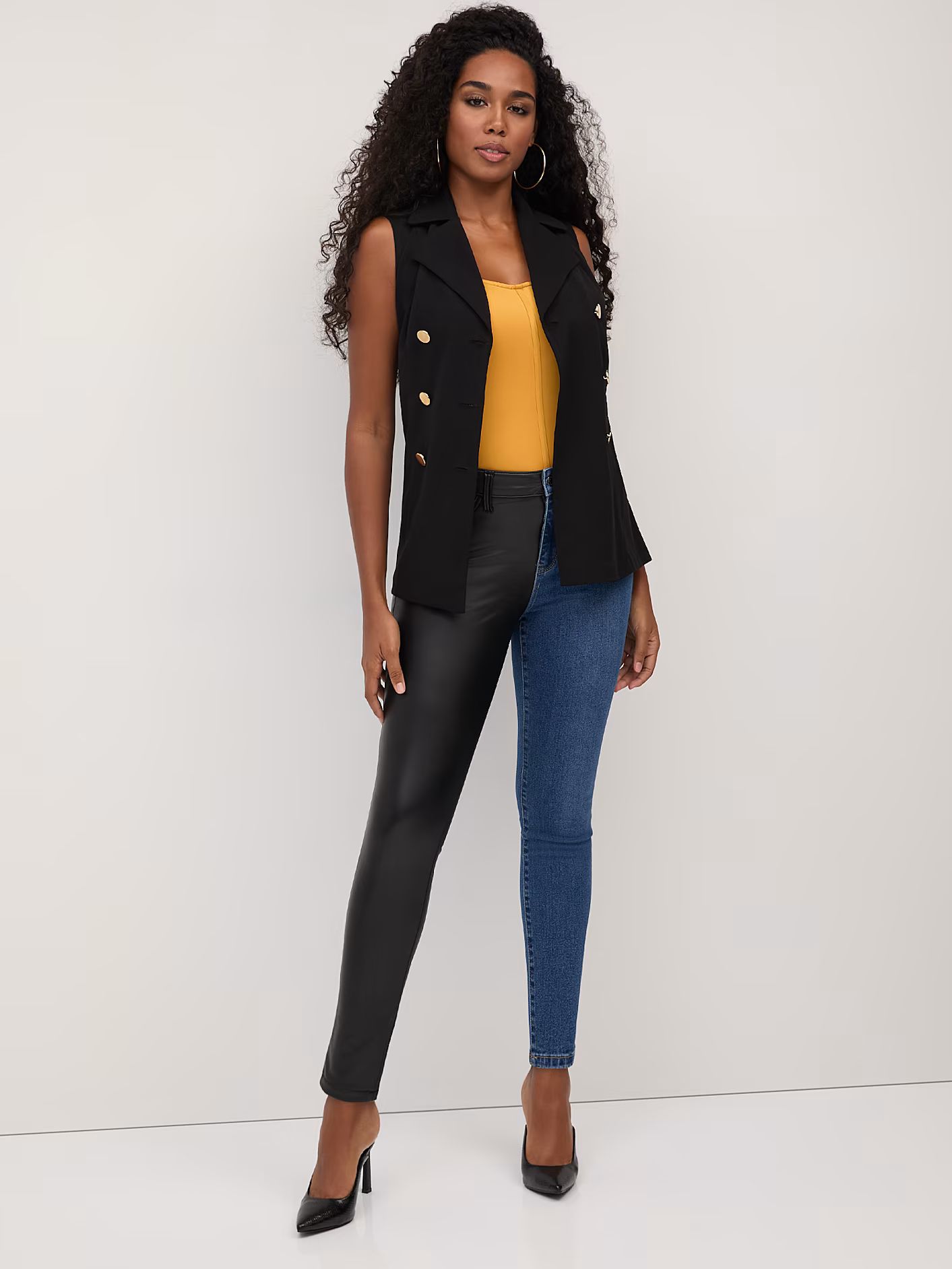 High-Waisted Faux-Leather Colorblock Super-Skinny Jeans - Medium Wash - New York & Company | New York & Company