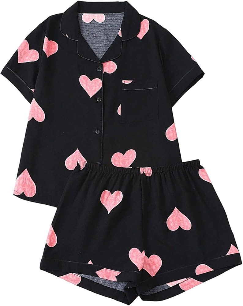 WDIRARA Women's Plus Size Heart Print 2 Piece Pajama Set Button Down Short Sleeve Sleepwear Short... | Amazon (US)
