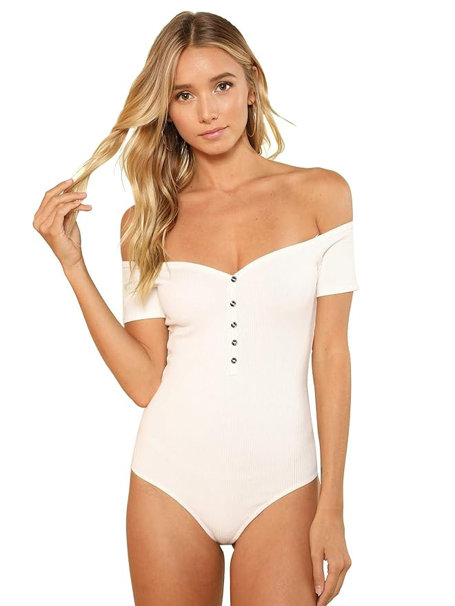 DIDK Women's Sexy Off Shoulder Button Up Short Sleeve Bodycon Bodysuit | Amazon (US)