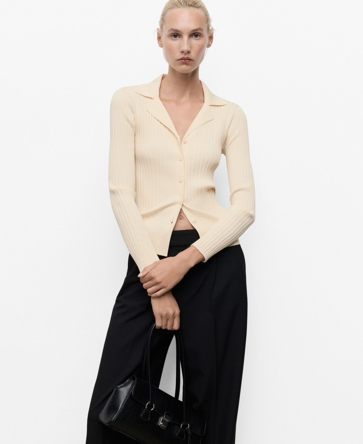 Mango Women's Ribbed Lapel Cardigan - Ecru | Macy's