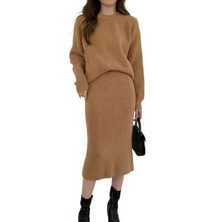 Chouyatou Women s Two Piece Sweater Skirt Sets Knit Sweater Top Bodycon Skirt 2 Piece Outfits | Walmart (US)