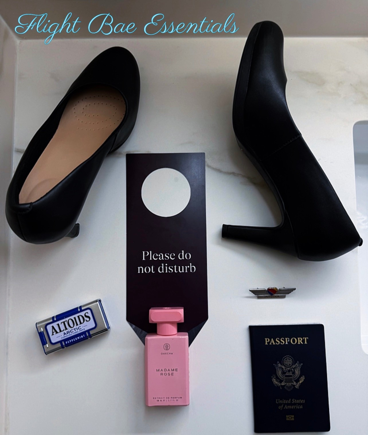 Flight attendant essnesials! Luxe perfume & comfy shoes 🤳  #ootd #essentials 