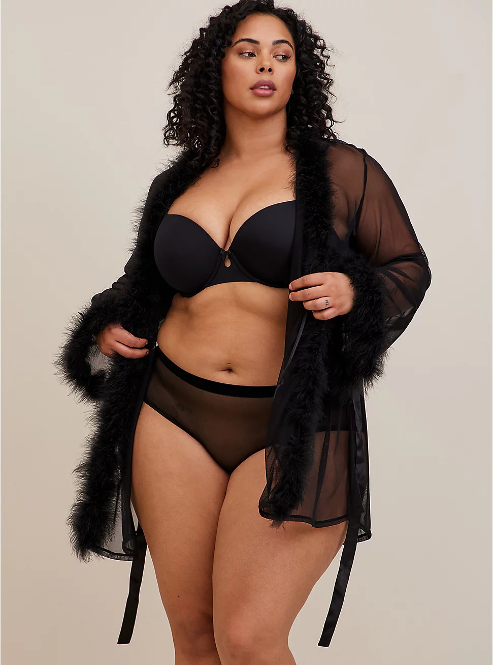 Marabou Trim Midi Robe - Mesh Black | Torrid (US & Canada)