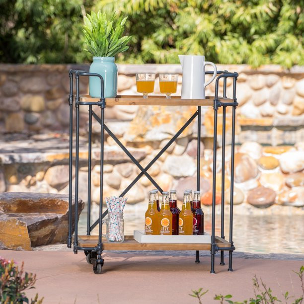 Maraka Outdoor Antique Finish Firwood and Iron Bar Cart | Walmart (US)