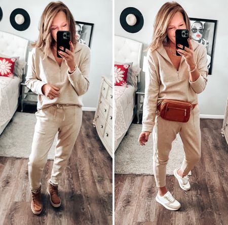 40% off at Talbots❤️❤️Got this lounge set I’m living!! 1/2 zip pullover is amazingly soft, comes in more colors, fits tts. Joggers have pockets, very soft, fits tts, more colors. Latte Heather wearing medium in both pieces. Sketcher boots, Best Seller belt bag from Amazon, Time and Tru sneakers 

Sale, gift guide, gifts for her, loungewear, joggers, casual outfit, everyday outfit, winter outfit. Fashion over 40

#LTKGiftGuide #LTKsalealert #LTKstyletip
