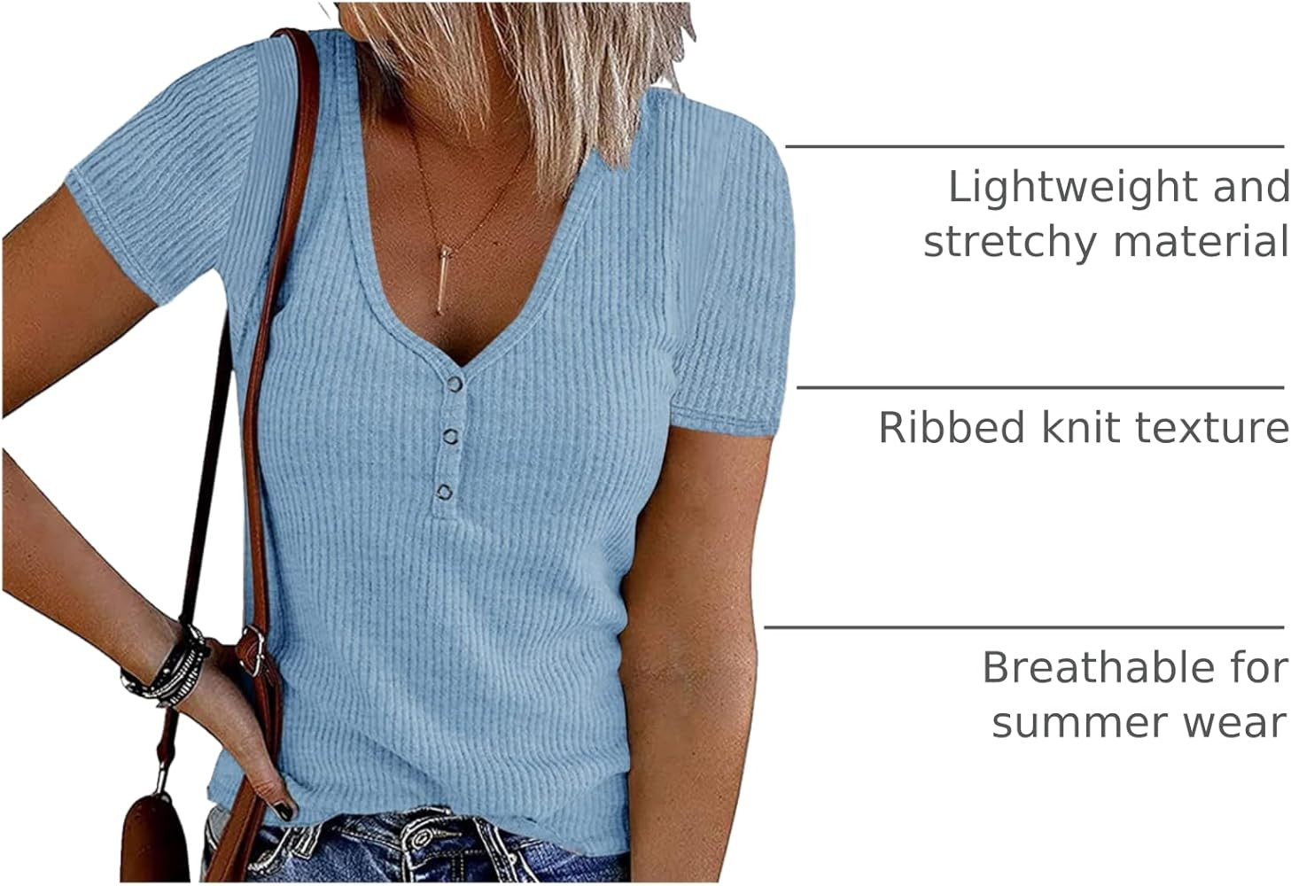 MEROKEETY Women's 2026 Summer Short Sleeve Tops Casual V Neck T Shirts Ribbed Knit Henley Button ... | Amazon (US)