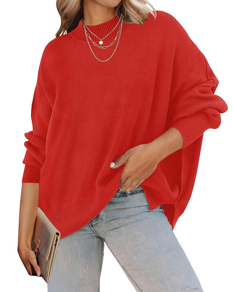 ZESICA Women's Fall 2025 Casual Long Sleeve Crew Neck Side Slit Oversized Ribbed Knit Pullover Sw... | Amazon (US)