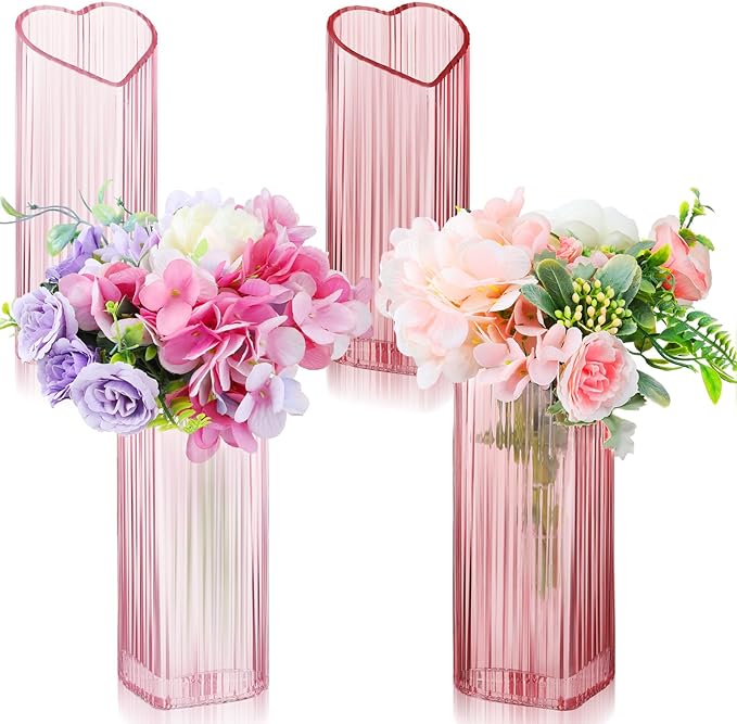 Vesici 4 Pcs Heart Shaped Glass Flower Vase Red Pink Vase Decorative Vase for Home Ceremony Weddi... | Amazon (US)