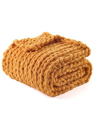 YnM Chunky Throw Blanket, Medium-Weight, Hand Knitted with Chenille Yarn, Skin Friendly, Ventilated and Breathable, Machine Washable, Home Décor Piece for Couch Sofa and Bed (Golden Yellow 50x60 Inch) | Amazon (US)