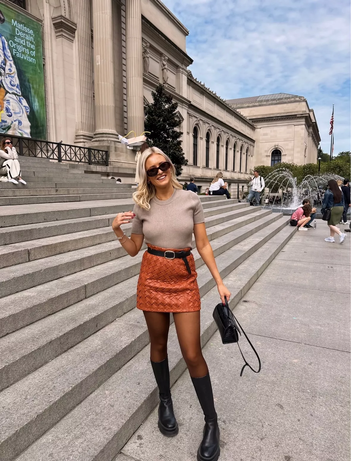brown skirt winter outfit