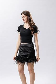 LVCOMEFF Women Satin Skirt with Feather-Trimming Fringe Elastic High Waist Elegant Short Skirt | Amazon (US)