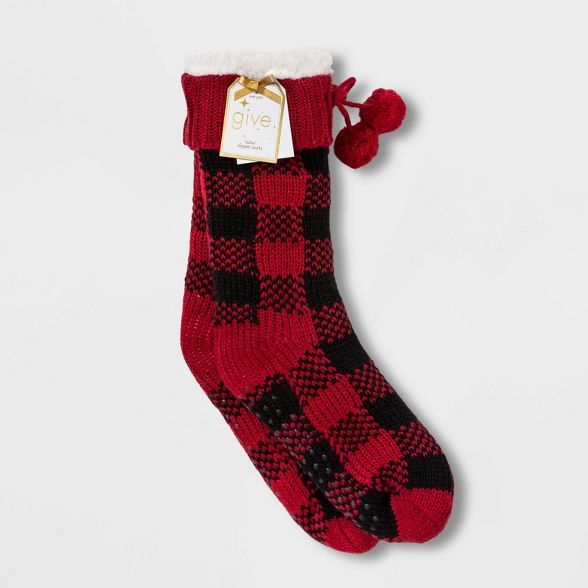 Women's Buffalo Check Sherpa Lined Slipper Socks with Grippers - Red/Black 4-10 | Target