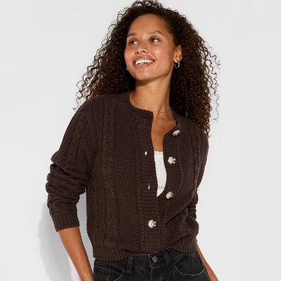 Women's Crewneck Heritage Cable Cardigan - Wild Fable™ Brown S | Target