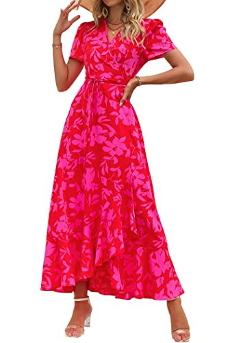 PRETTYGARDEN Women's Summer Wrap Maxi Dress Casual Boho Floral V Neck Short Sleeve Ruffle Hem Spl... | Amazon (US)