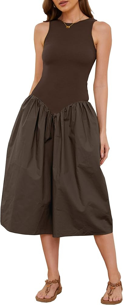 Livtany Women's Sleeveless Slim Fit Midi Dress Drop-Waist Crew Neck Patchwork Dress Ribbed a-Line... | Amazon (US)