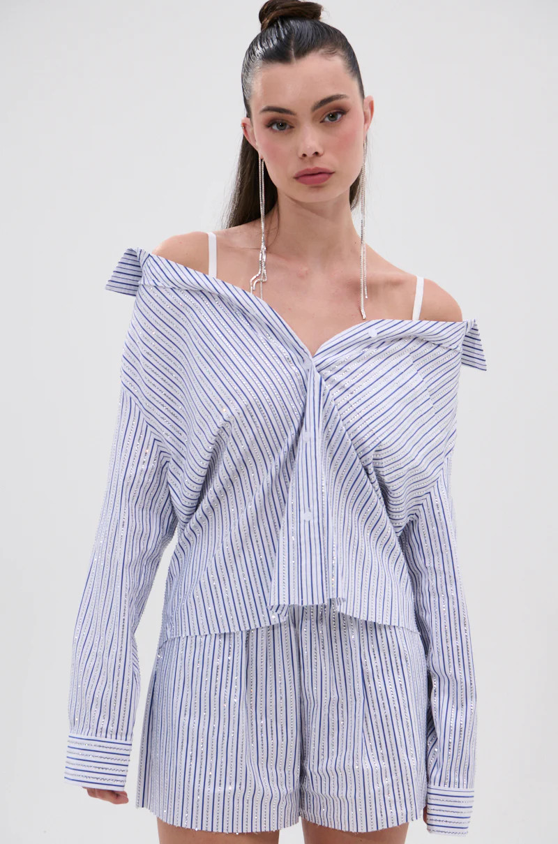 NOTHING BETTER STRIPE BUTTON DOWN WITH RHINESTONE | AKIRA