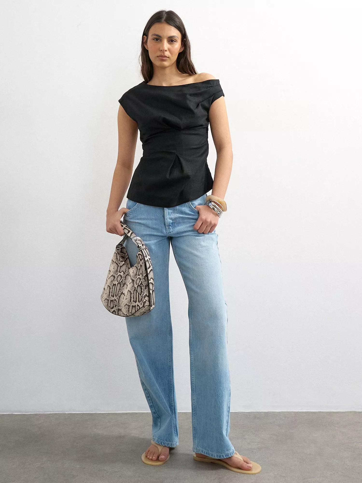 Twist Shoulder Short Sleeve Linen Blend Top, Black | John Lewis (UK)