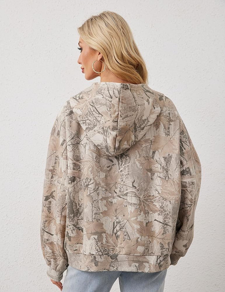 Womens Camo Zip Up Hoodie Long Sleeve Maple Leaf Print Oversized Hooded Jacket Fleece Full Zip Sw... | Amazon (US)