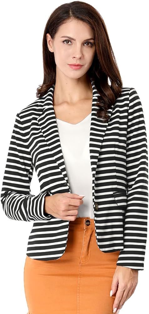 Allegra K Women's Notched Lapel Pocket Button Closure Striped Blazer | Amazon (US)