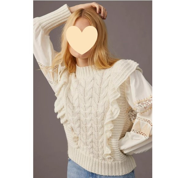 By Anthropologie Cable-Knit Balloon Sleeve Ruffle Sweater - Medium | Poshmark