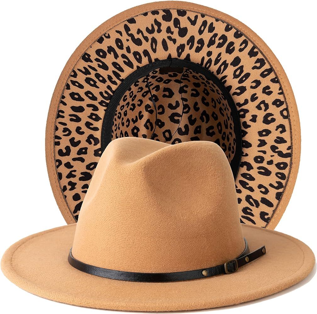 Gossifan Women Two Tone Wide Brim Fedora Felt Panama Hats Classic Belt Buckle | Amazon (US)