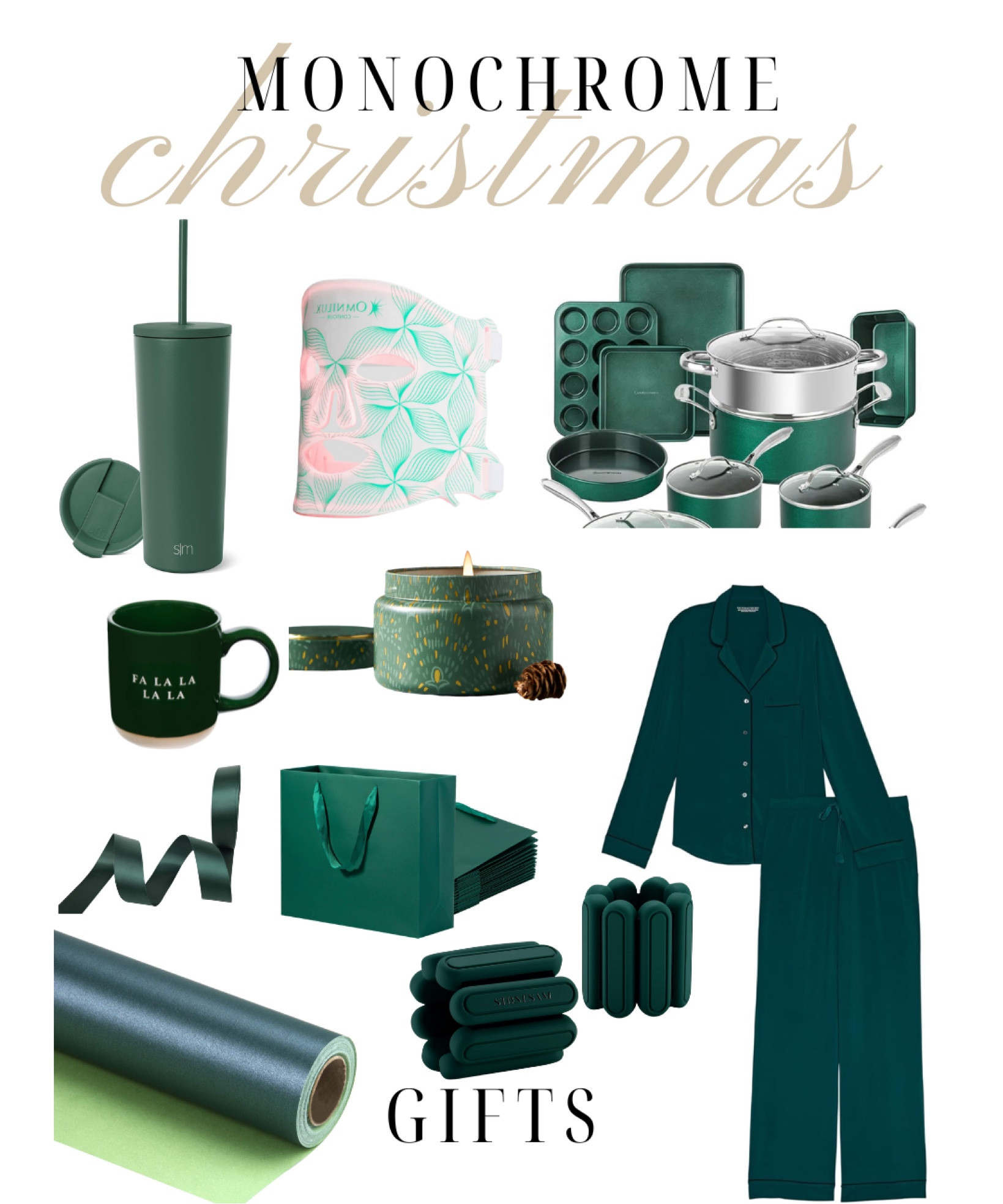 Themed Christmas gifts, stocking stuffers, and decor. All monochrome, holiday! Pajamas, workout bangles, wrapping paper to match, gift bags, led mask, water bottle, pans 

#LTKHoliday #LTKGiftGuide #LTKSeasonal