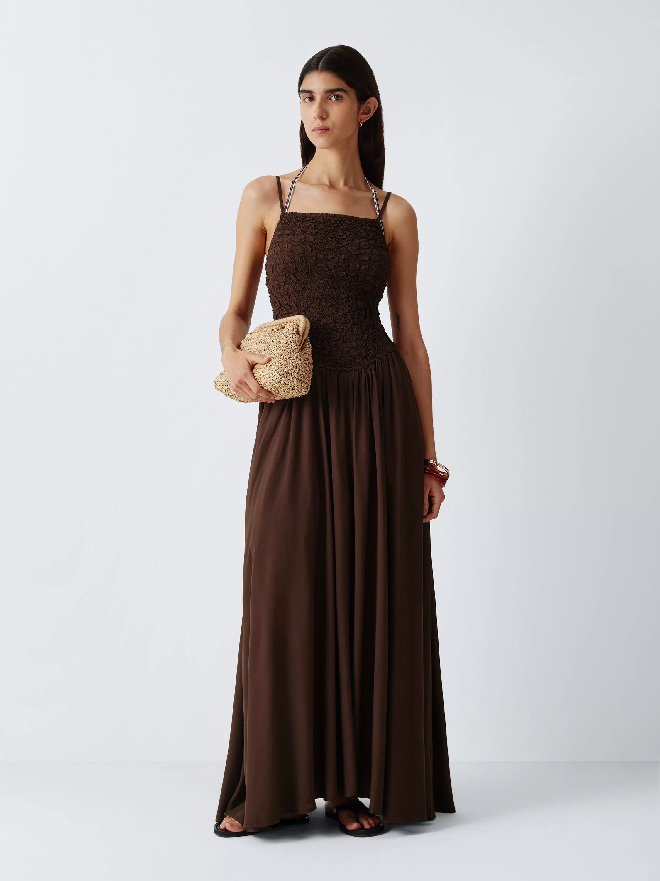 John Lewis Dropped Waist Midi Dress, Chocolate | John Lewis (UK)
