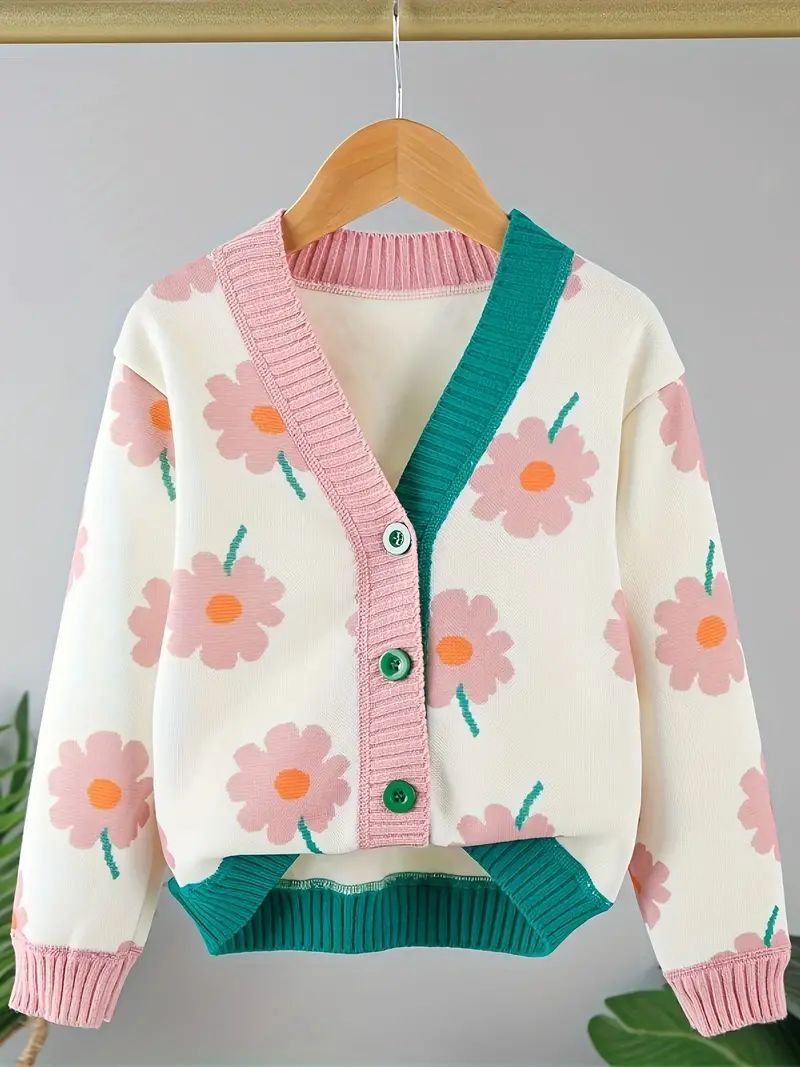 Girls' Contrast   Jacquard Button Knitted Cardigan - Temu | Temu Affiliate Program