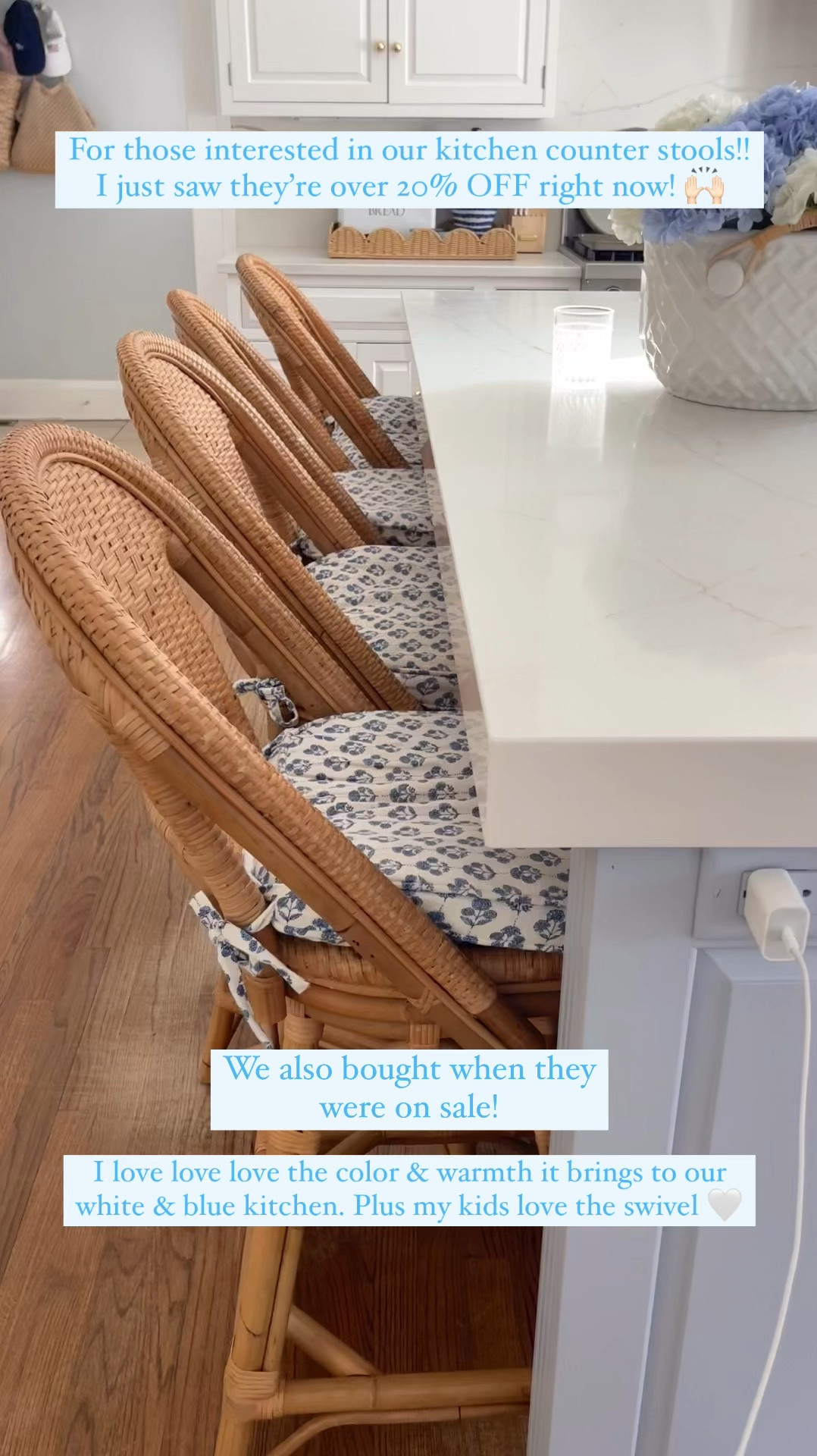 Shop our woven swivel kitchen counter stools now over 20% OFF!! 😍🙌🏻 We also bought when they went on sale and highly recommend!! This bistro style is classic and I love the warmth the rattan brings to our white & blue kitchen! Coordinates with our matching navy & white dining chairs we also love! The quality is amazing!!

P.s. we added these cushions from HomeGoods! Also linked a target version we also have 🤍

Island color: BM blue heather 

#LTKSaleAlert #LTKHome #LTKVideo