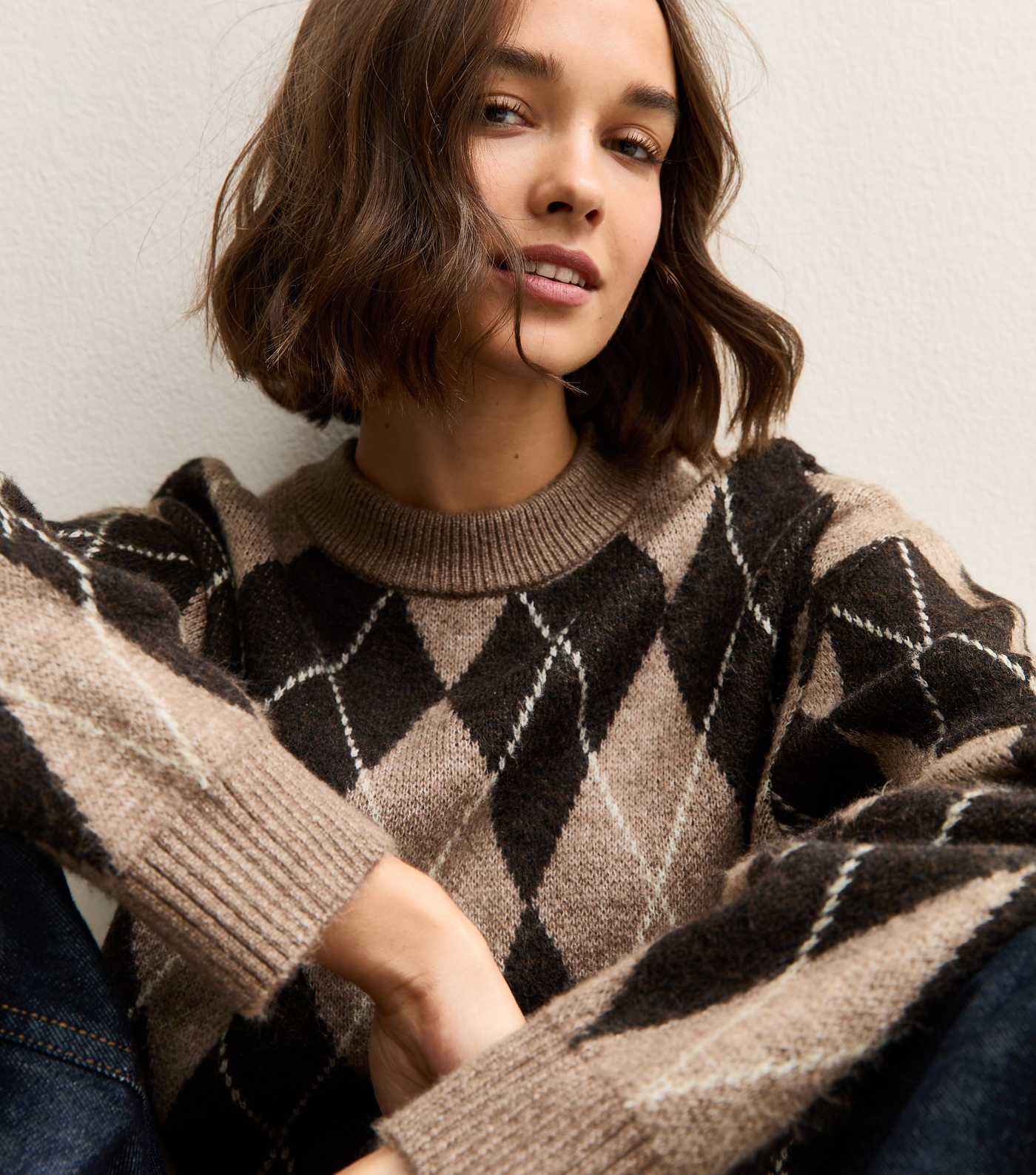 Brown Argyle Crew Neck Midweight Knit Jumper | New Look | New Look (UK)