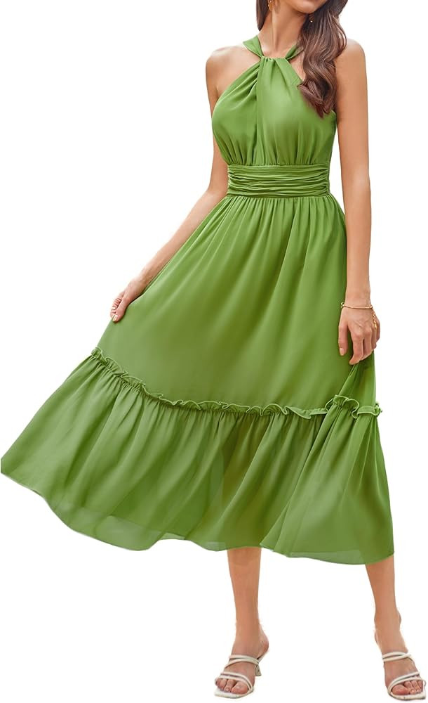 GRACE KARIN Women's 2024 Casual Summer Sleeveless Flowy Maxi Halter Neck Smocked Tiered Wedding G... | Amazon (US)