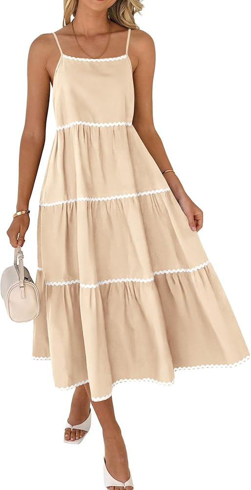 BTFBM Boho Summer Dresses 2024 Vacation Spaghetti Strap Backless RIC Rac Trim Tiered A-Line Long ... | Amazon (US)
