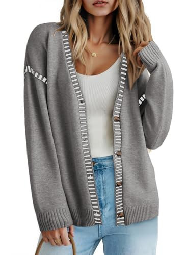 Dokotoo Plus Size Cardigan for Women 2025 Fall Oversized Button Open Front Knit Lightweight Cardigans Fall Outfits Outerwear Long Sleeve V-Neck Stripe Trim Cardigans Gray Medium | Amazon (US)