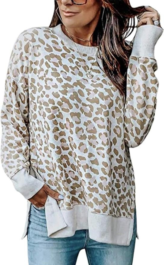 Angashion Women's Sweatshirts - Casual Leopard Print Crewneck Long Sleeve Oversized Pullover Tuni... | Amazon (US)