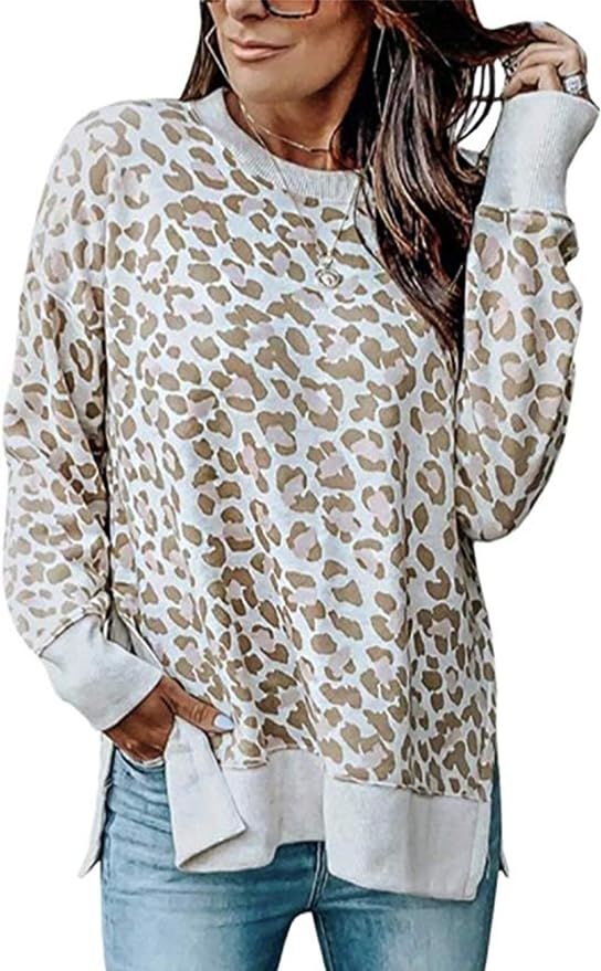 Angashion Women's Sweatshirts - Casual Leopard Print Crewneck Long Sleeve Oversized Pullover Tuni... | Amazon (US)