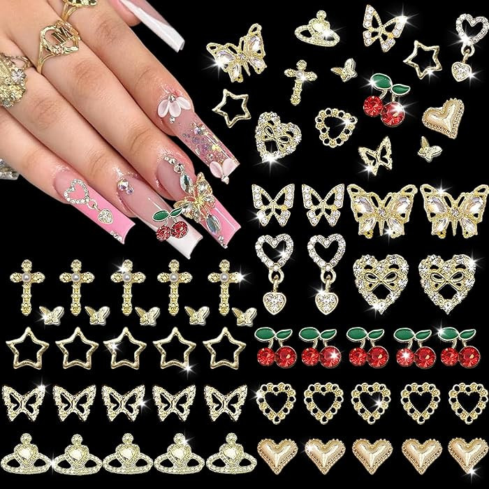 48PCS Gold Nail Charms 3D Butterfly Cross Star Heart Cherry Nail Art Charms Nail Gems Gold Charms... | Amazon (US)