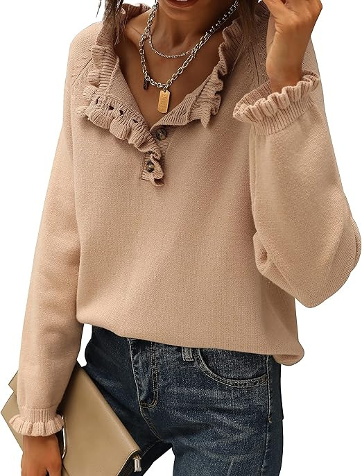BTFBM Women's Sweaters Casual Long Sleeve Button Down Crew Neck Ruffle Knit Pullover Sweater Tops... | Amazon (US)