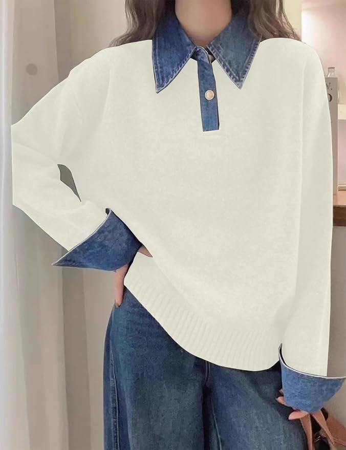 Womens Fall Oversized Long Sleeve Sweaters 2 in 1 Denim Panel Lapel Sweater Polo Knit Sweater Top... | Amazon (US)