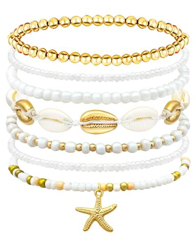 Palotay Summer Beach Bracelets Bohomian Seashell Starfish Bracelet Handmade Braided Shell Beaded Bracelets Set Stretch Waterproof Surfer Bracelet for Women Vacation Jewelry Tropical Gold | Amazon (US)